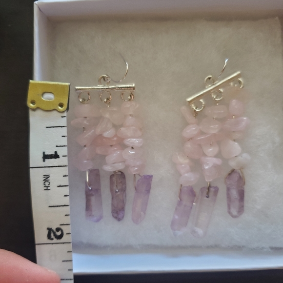 Handmade Amethyst and Rose Quartz Dangly Earrings - Picture 3 of 5